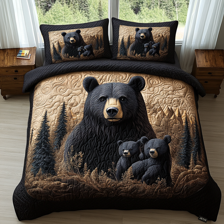 Black Bear Family - 3-osainen tikattu vuodetekstiilisetti