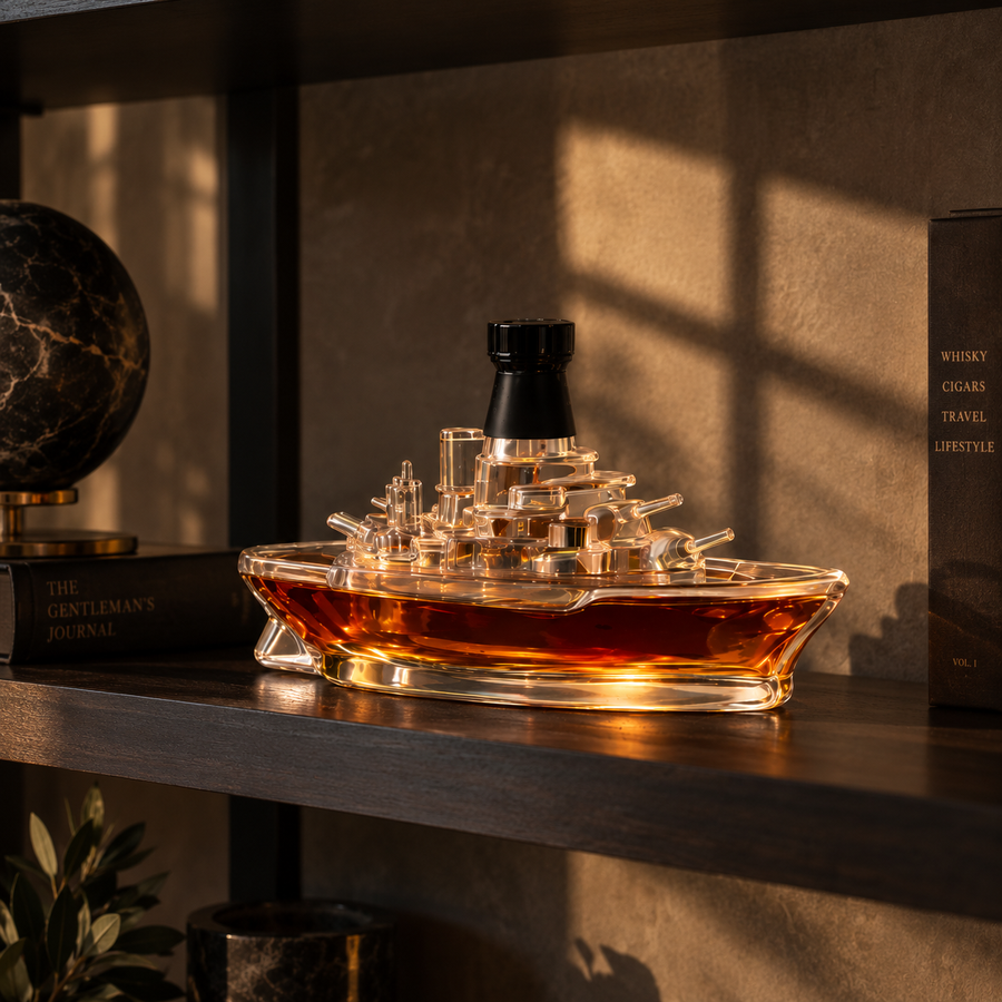 Whisky decanter on a dark shelf, soft afternoon light