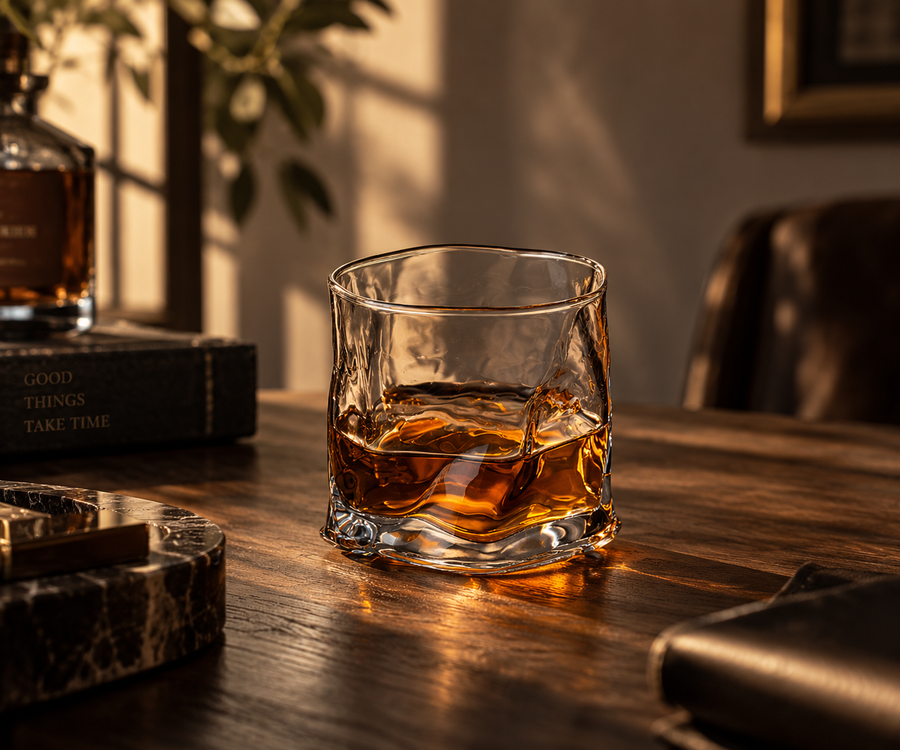 Crystal whisky glasses — close-up of cut glass & amber liquid