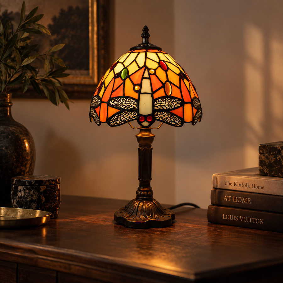 Stained-glass lamp glowing in a living room corner
