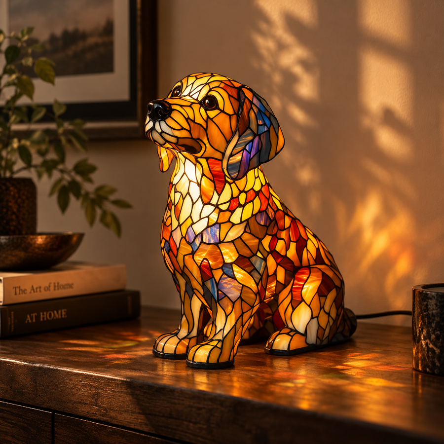 Coloured glass animal (owl / cat) catching the light