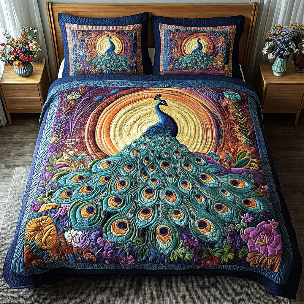 Peacock 3-Piece Quilted Bedding Set
