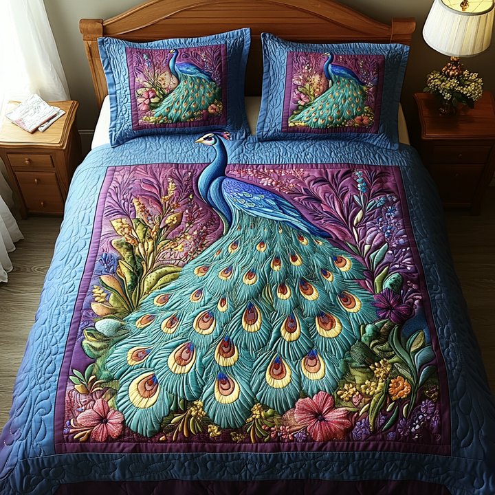 Peacock 3-Piece Quilted Bedding Set