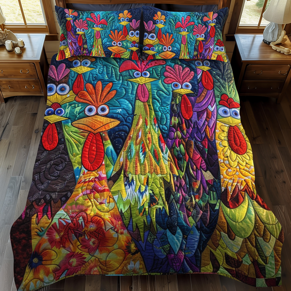 Whimsical Chickens 3-Piece Quilted Bedding Set
