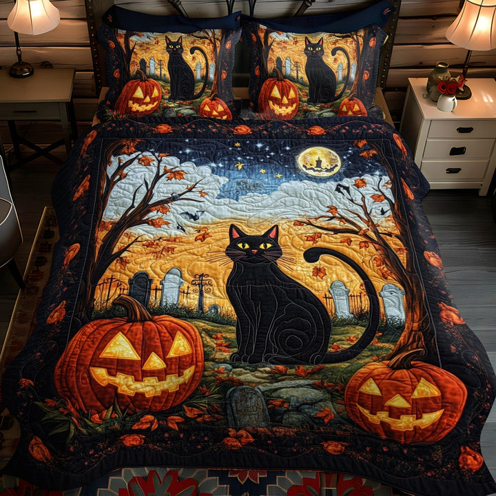 Spook Tacular Black Cat 3-Piece Quilted Bedding Set