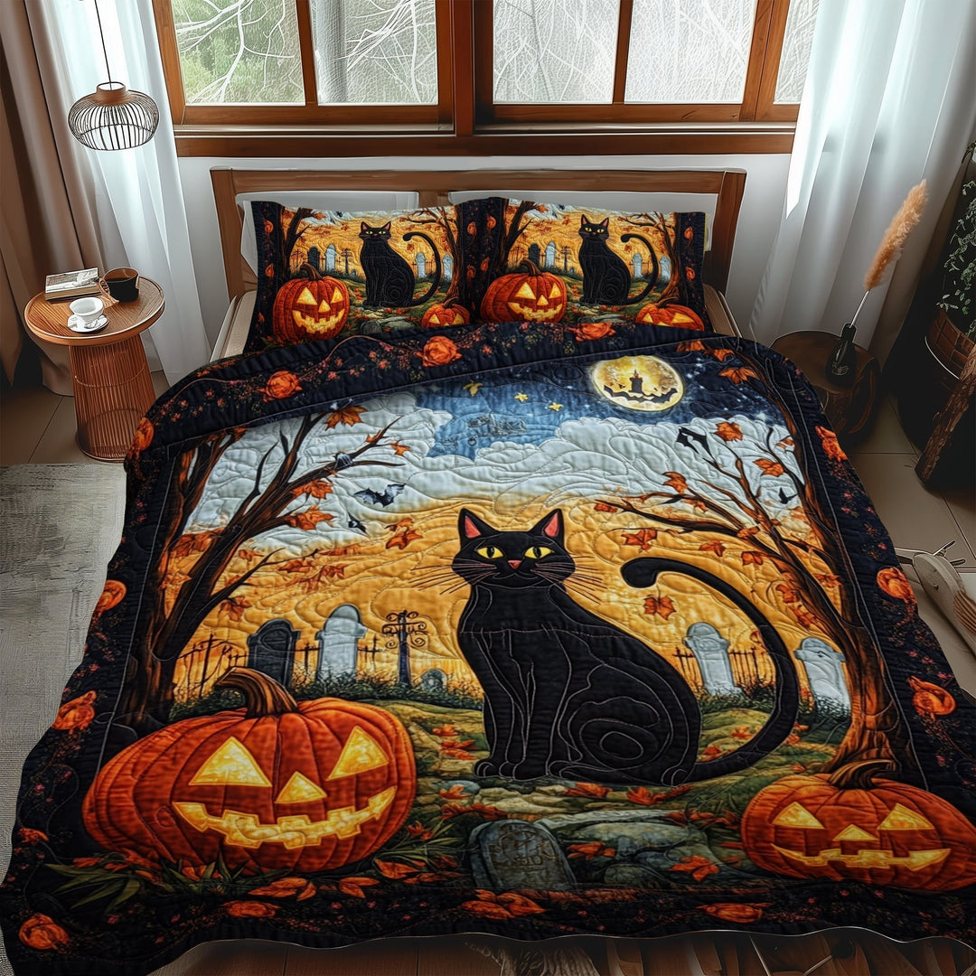 Spook Tacular Black Cat 3-Piece Quilted Bedding Set
