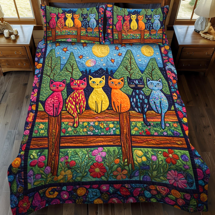 Artistic Night Cat Themed 3-Piece Quilted Bedding Set